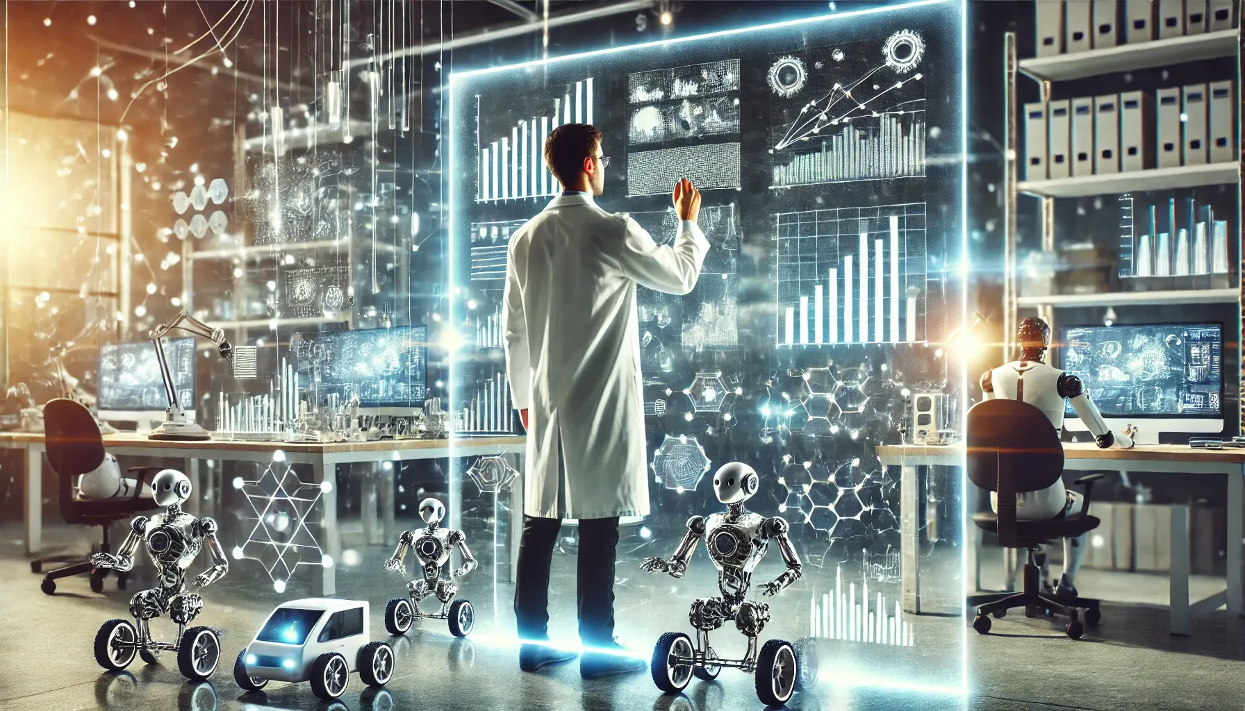 Futuristic lab scene with a scientist testing experiments