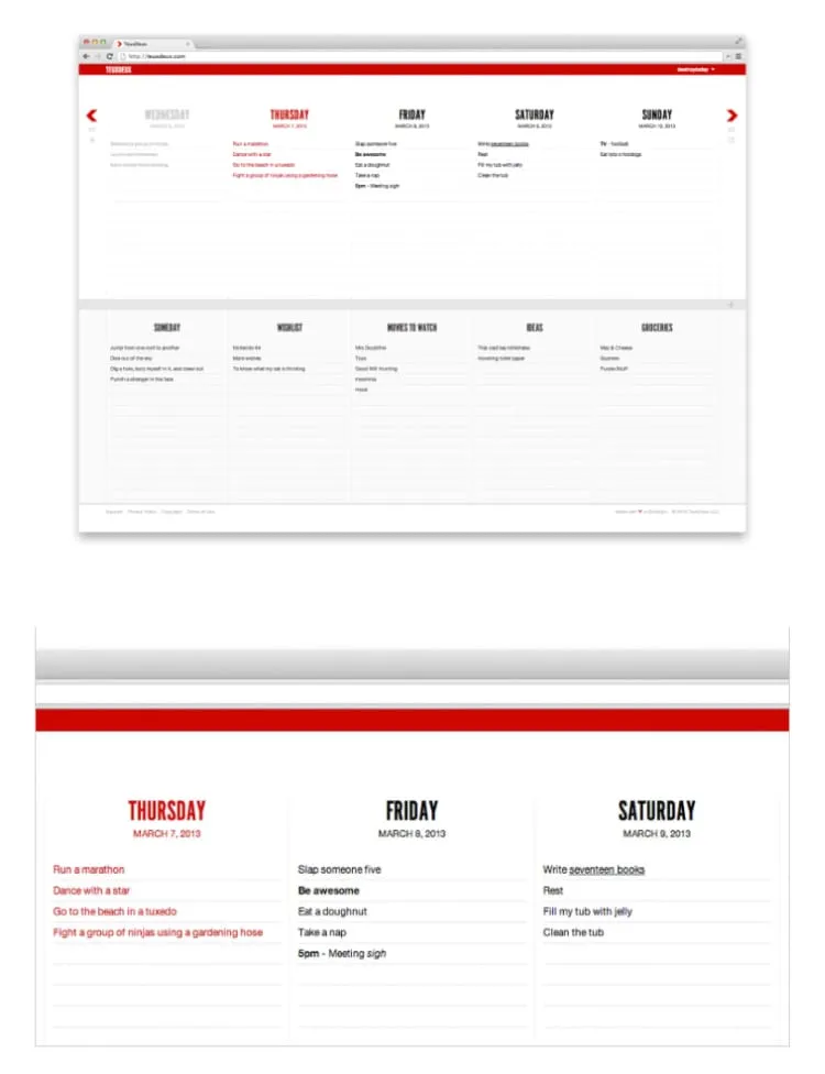 web interface of teuxdeux, seeingevery day of the week