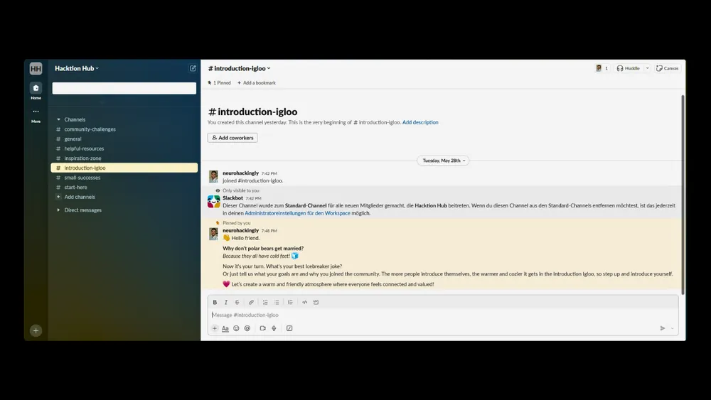 The image displays the interface of a platform called "Haction Hub." The interface has a dark-themed sidebar on the left with various channel names such as "community-challenges," "general," "helpful-resources," "inspiration-zone," "introduction-igloo," "small-successes," "staff-here," "Add channels," and "Direct messages." The "introduction-igloo" channel is highlighted. In the main content area, the "#introduction-igloo" channel is open, showing a few messages. One user, "neurohack3rghy," posted a message that says: "Hello friend. Why don’t polar bears get married? Because they all have cold feet! 😆 Now it’s your turn. What’s your best icebreaker joke? Or just tell us what your goals are and why you joined the community. Let’s create a warm and friendly atmosphere where everyone feels connected and valued!" Above this message, there is an automated message from Slackbot in German, explaining that this channel is a standard channel for new members joining the Haction Hub. It also notes that this channel can be removed from standard channels in the workspace settings.