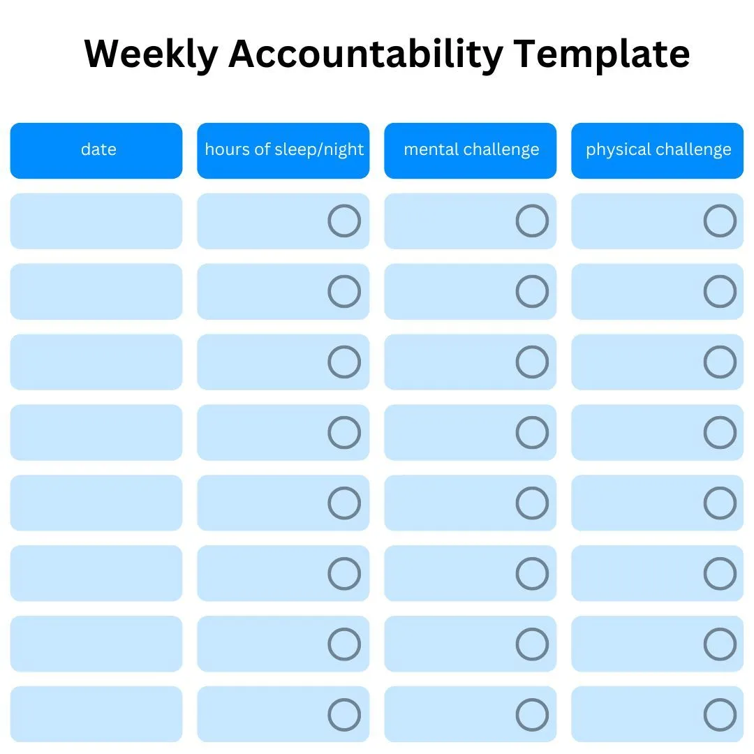 Weekly accountability tracking template with daily goals checkboxes