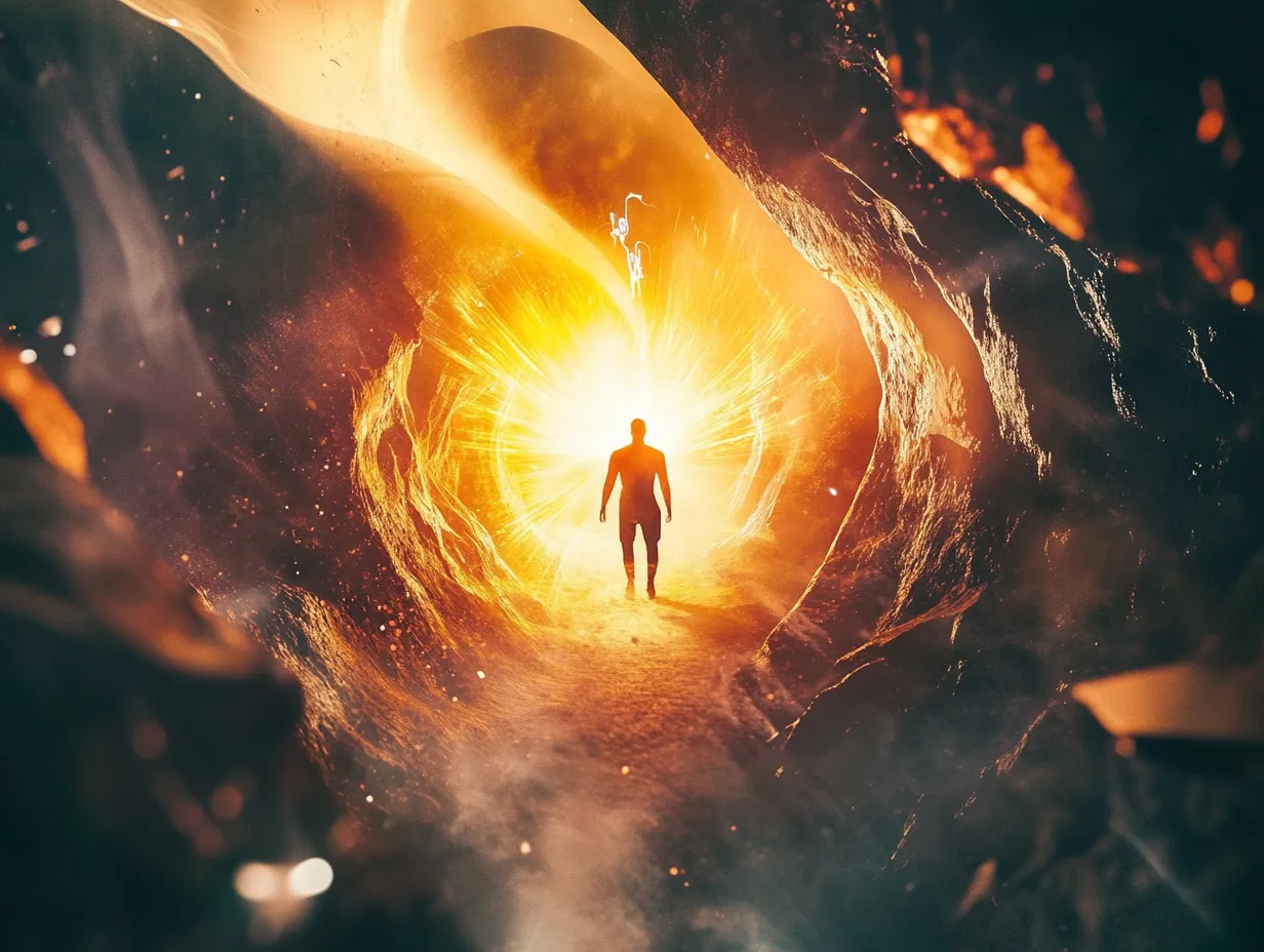Person walking through a glowing tunnel representing activation