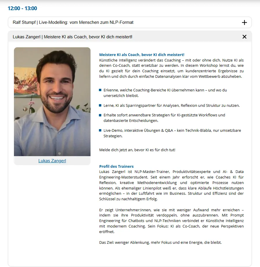 AI productivity course page with Lukas Zangerl and course bullet points