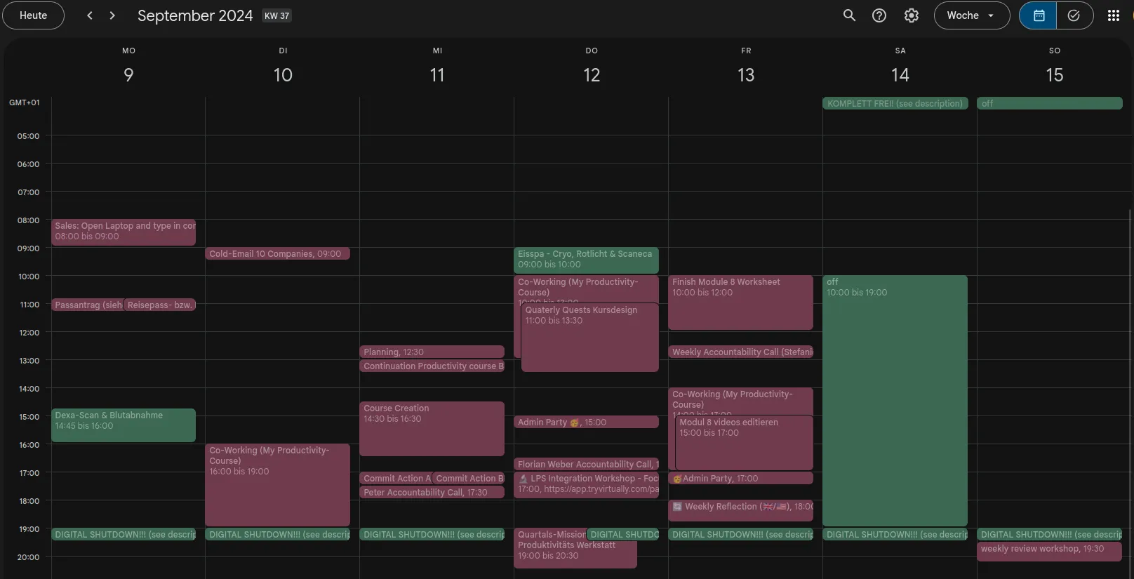 Die Produktivitäts-Werkstatt — a typical week during the beta My time-blocked calendar from September 2024 showing dedicated blocks for course creation, video recording, co-working sessions, and accountability calls