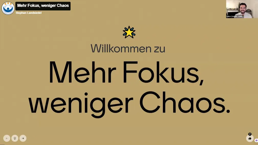 Screenshot of the Mehr Fokus, weniger Chaos online workshop