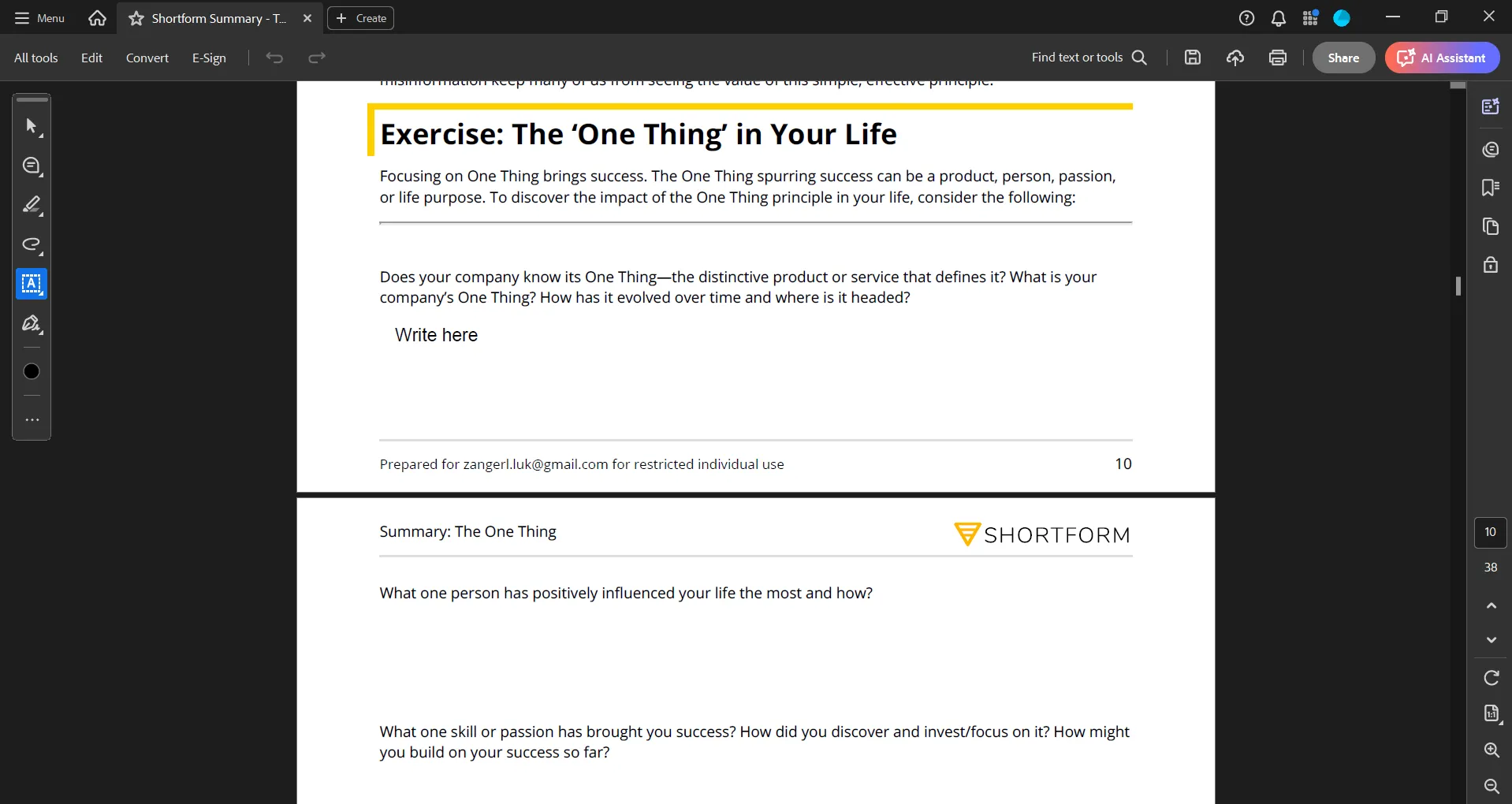 Exercise worksheet from Shortform's summary of The One Thing book showing reflection questions about discovering personal and company goals with a write-here prompt field