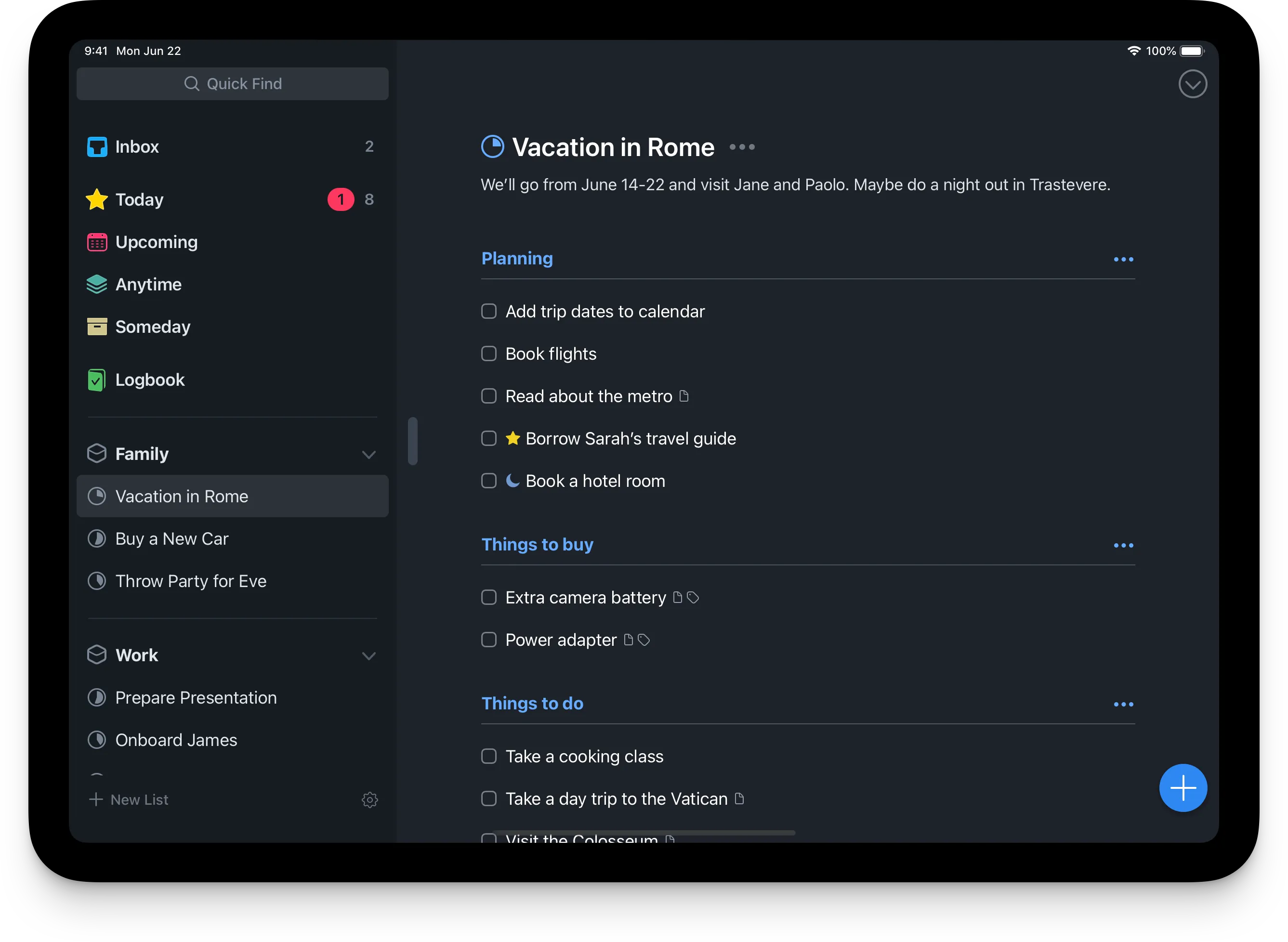 User Interface on the iPad with different categories like today, upcoming etc. and to-do tasks