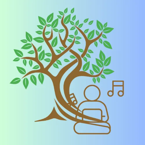 Produktivität, statt Prokrastination und Aufschieberitis: Die Person auf dem Bild macht es richtig - sie sitzt gemütlich unter einem Baum, hört Musik und arbeitet enspannt. Der hellblaue Hintergrund symbolisiert die Einfachheit, wenn man entspannt und gelassen bei der Arbeitist.