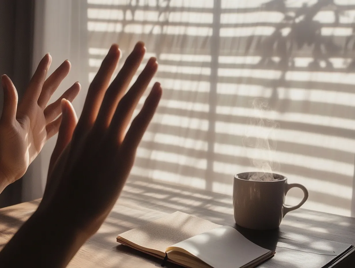 Hands stretching in morning light beside a notebook and coffee