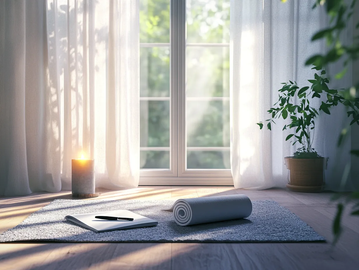 Yoga mat, towel, and candle by a window for a recharge routine