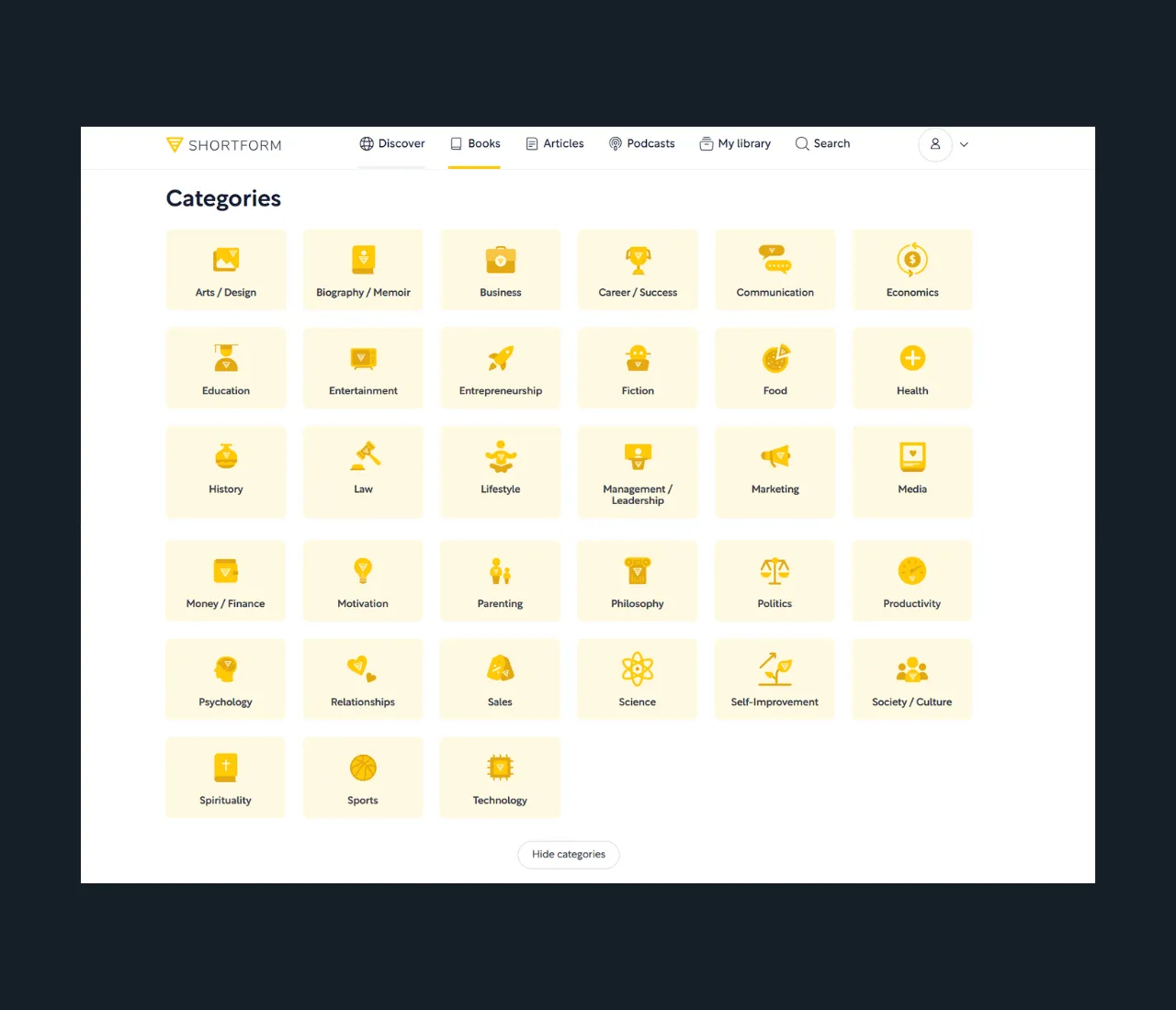 Shortform's book categories interface showing 27 yellow icons representing different genres including Business, Psychology, Health, Science, and more on a white background with navigation menu