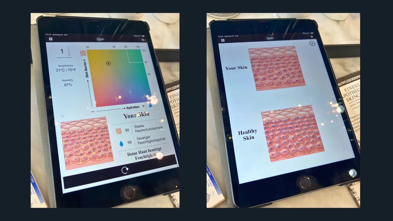 Two tablets display a skin analysis from Kiehl's Derma Reader. The left screen shows temperature, humidity, skin barrier strength, and hydration level, with a skin diagram. The right screen compares the user's skin to an illustration of healthy skin, showing visual differences.