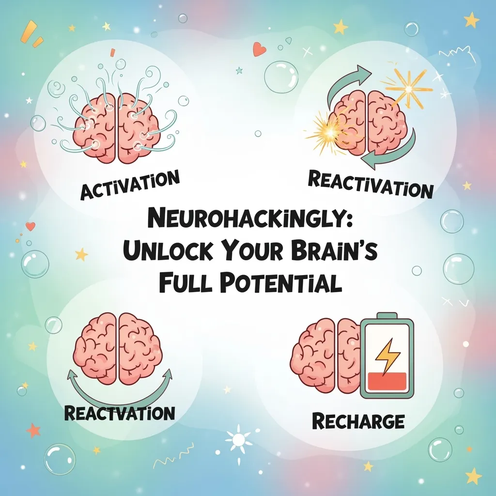 Four-part Neurohackingly menu graphic for activation, reactivation, recharge, and action