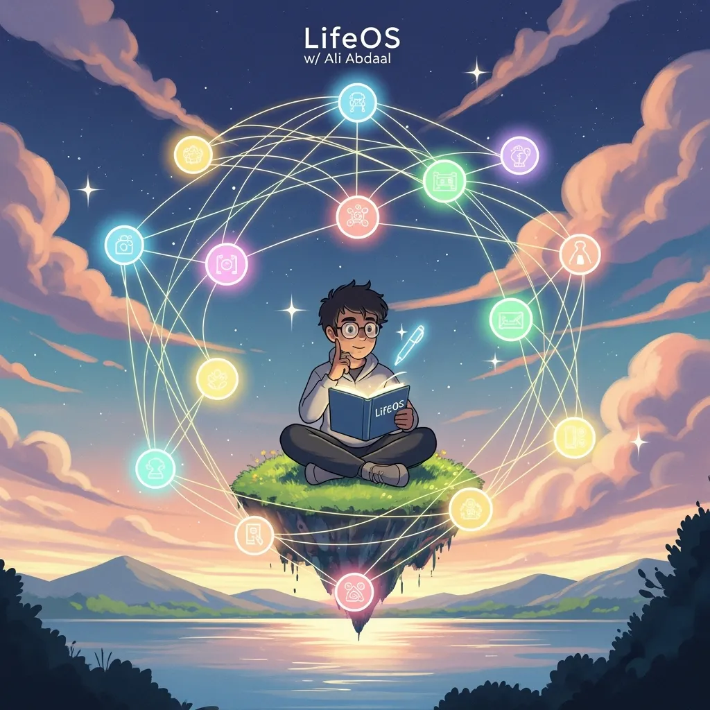 A boy sitting on a floating piece of earth reading a book called "LifeOS". In the background there are clouds, a lake and some hills and mountains.